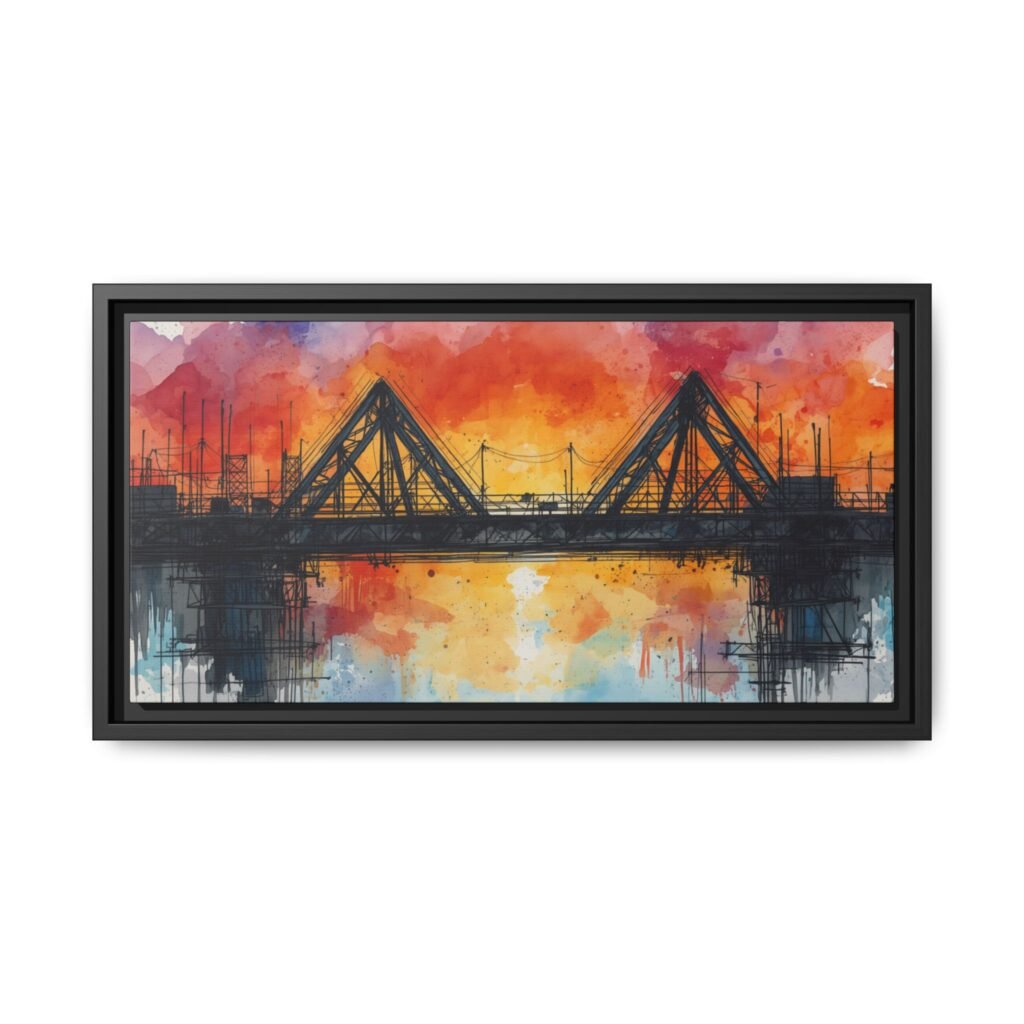 Watercolor Bridge Sunset Matte Canvas Wall Art, FRAMED 20x10"
