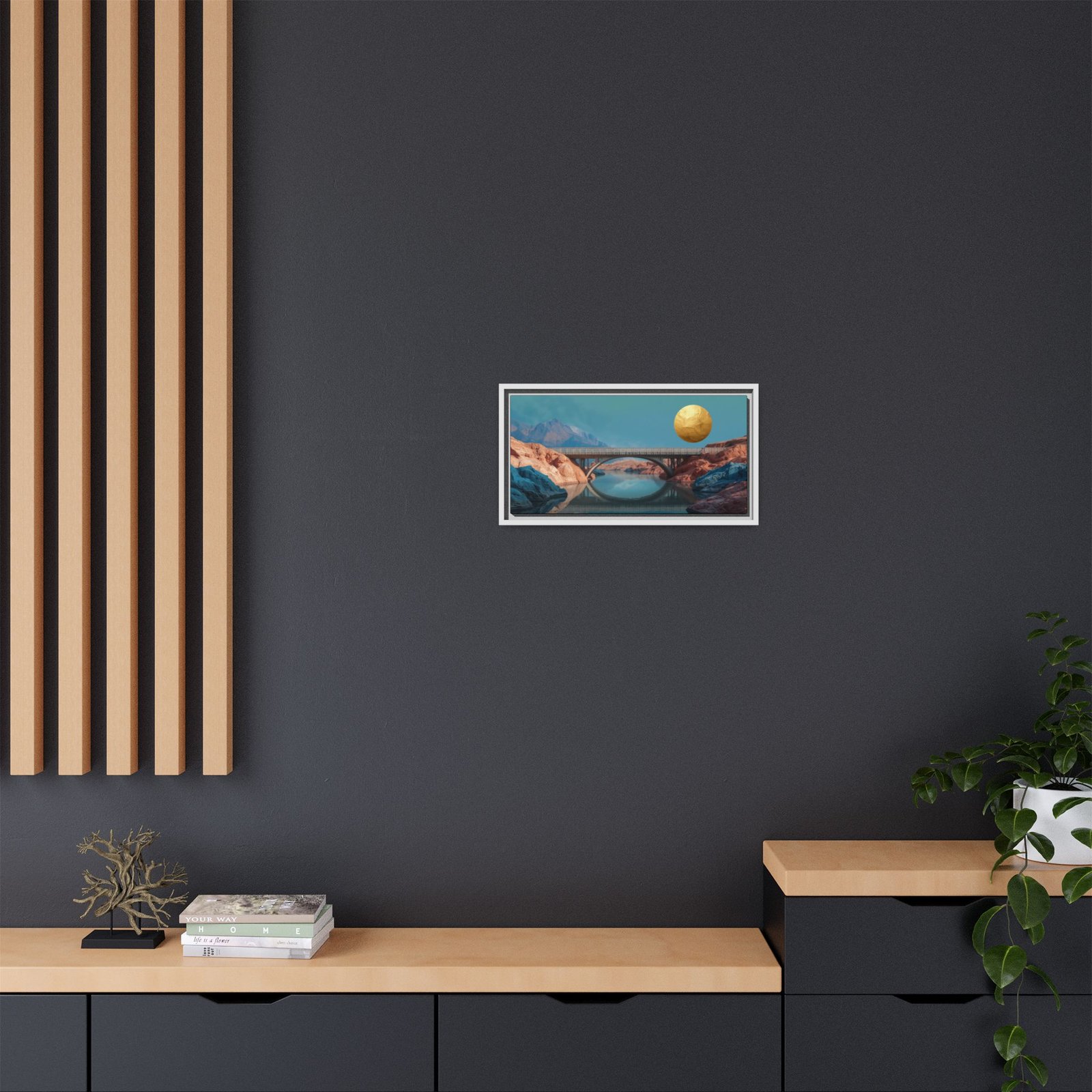 Surreal Landscape Bridge with Golden Moon, FRAMED 20x10" - Image 4