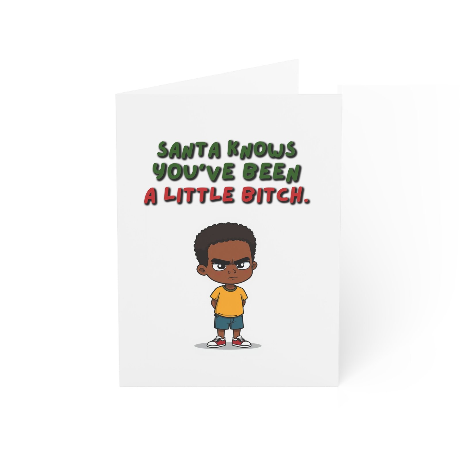 Funny Christmas Greeting Card — “Santa Knows You’ve Been A Little Bitch” with Cute Grumpy Kid Design - Image 6