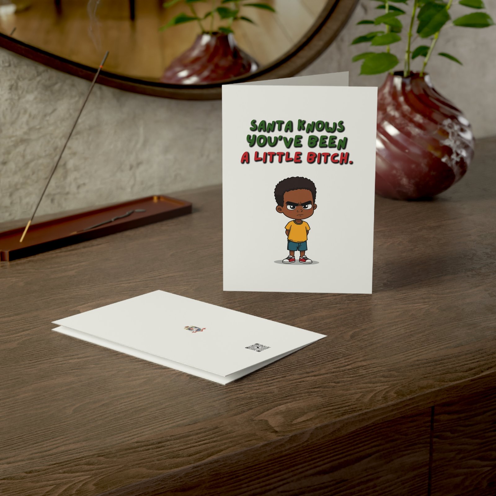 Funny Christmas Greeting Card — “Santa Knows You’ve Been A Little Bitch” with Cute Grumpy Kid Design - Image 5