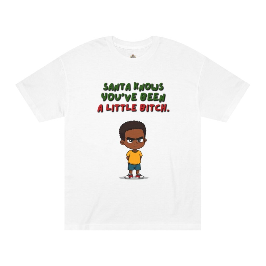 Kids' Christmas Tee - "Santa Knows You've Been a Little Bitch" with Sassy Cartoon Boy