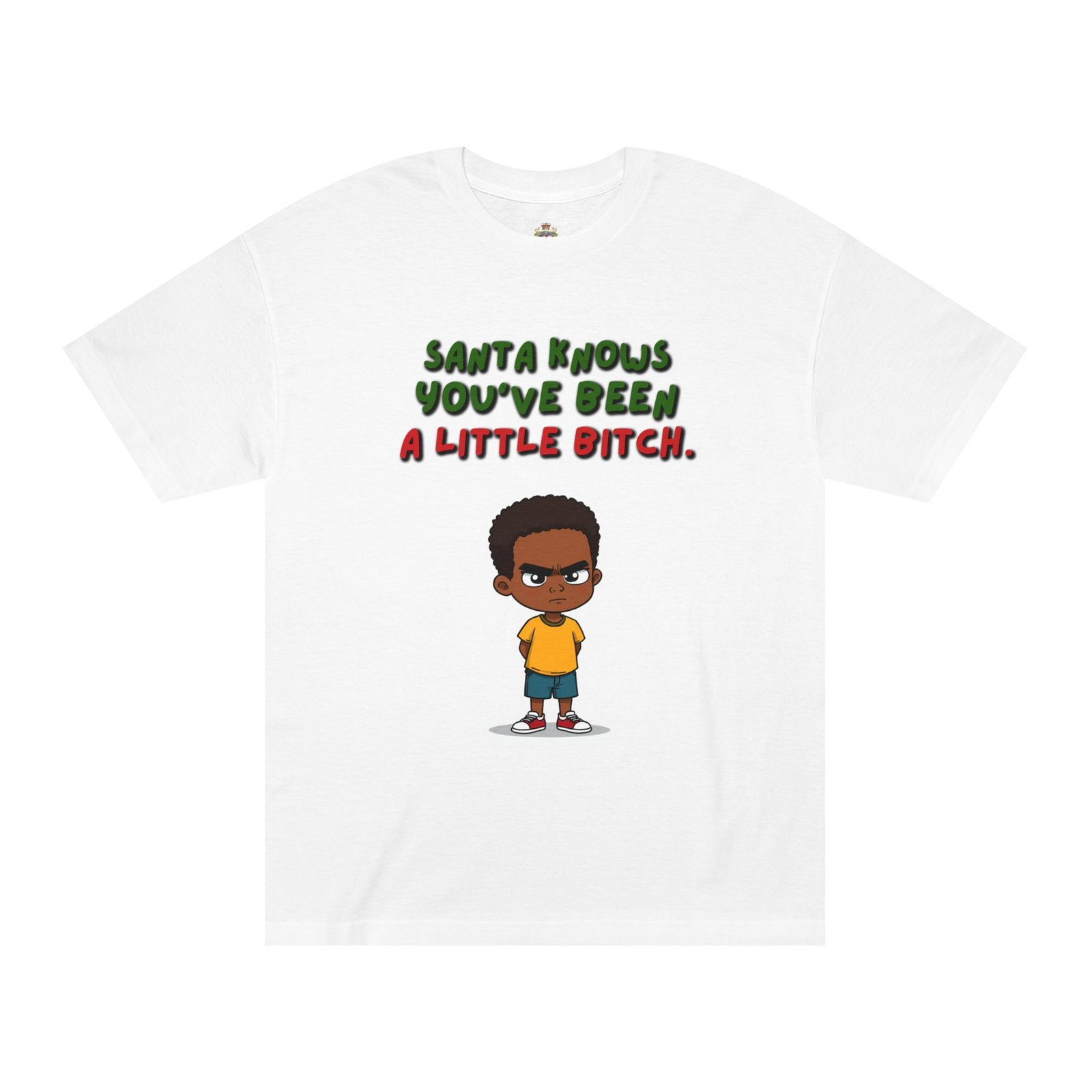 Kids' Christmas Tee - "Santa Knows You've Been a Little Bitch" with Sassy Cartoon Boy