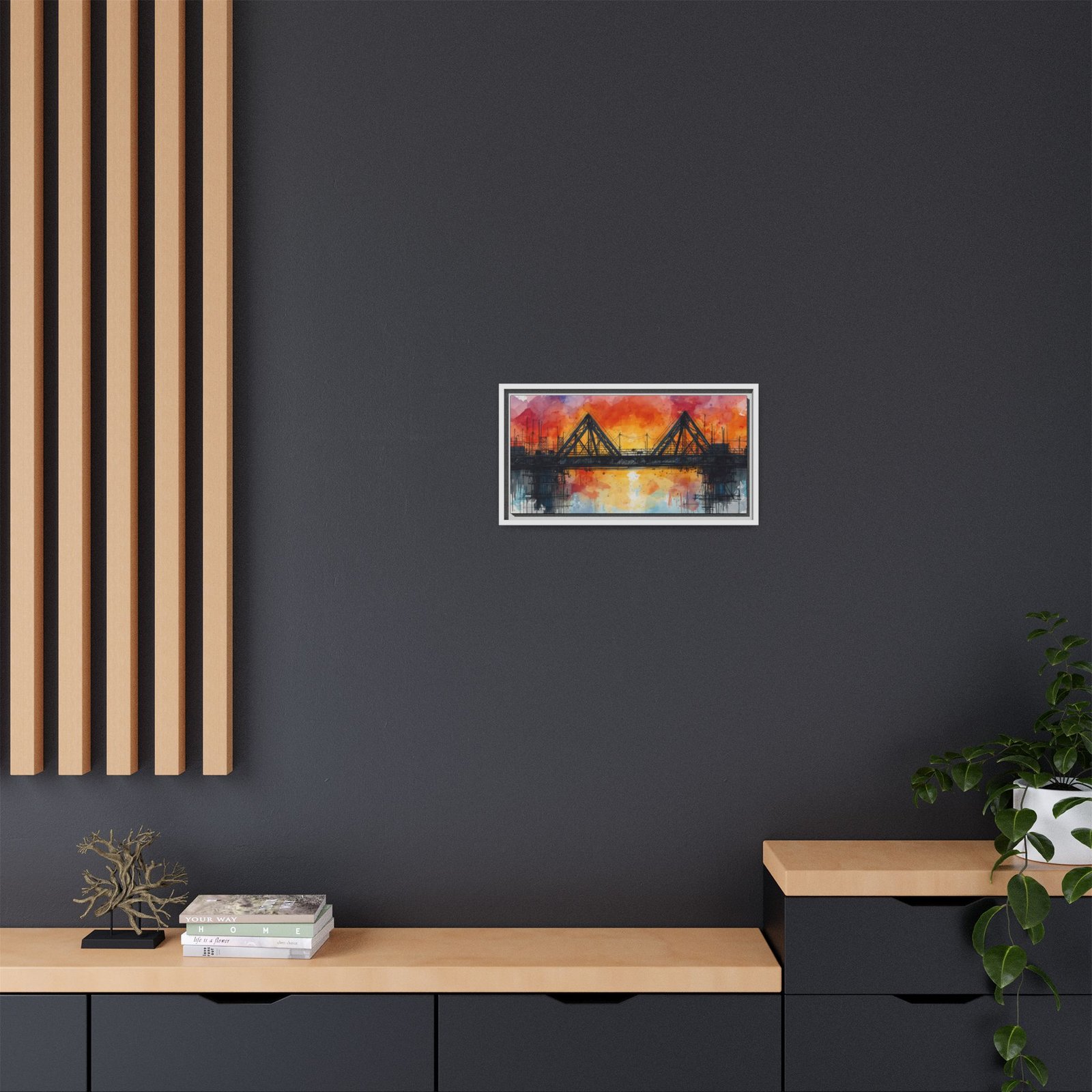 Watercolor Bridge Sunset Matte Canvas Wall Art, FRAMED 20x10" - Image 8