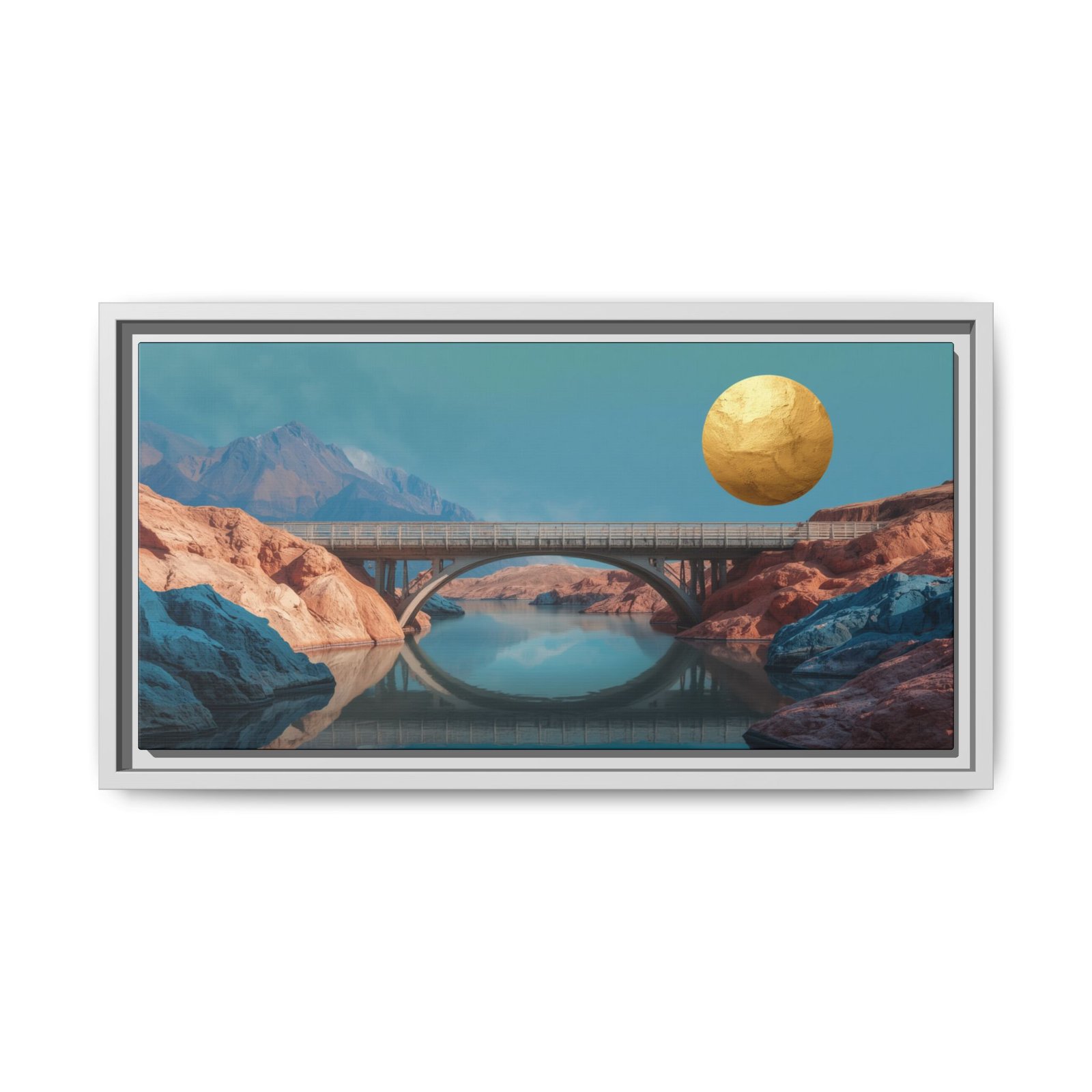 Surreal Landscape Bridge with Golden Moon, FRAMED 20x10"