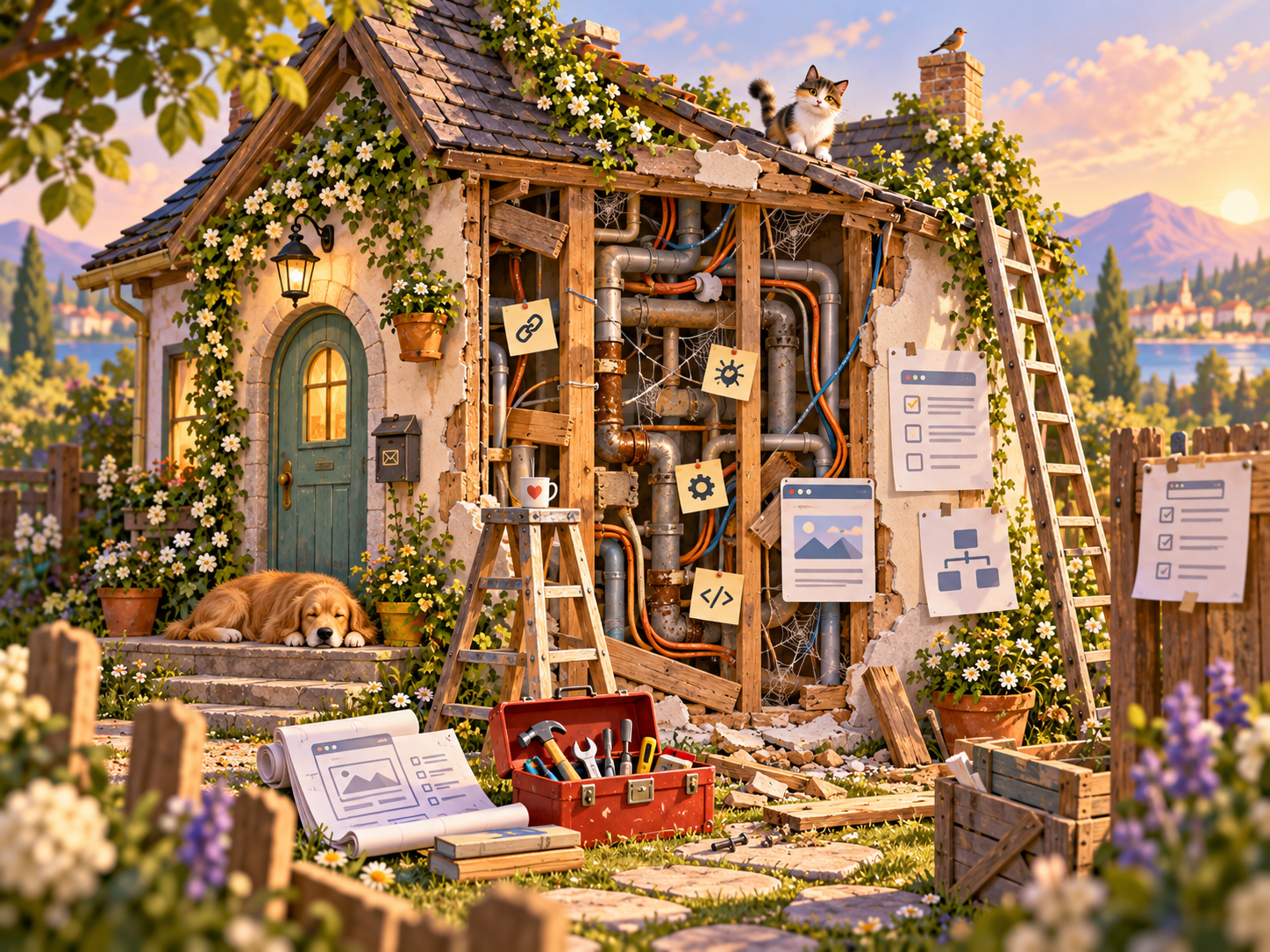 Whimsical cutaway illustration of a cozy house under renovation, revealing old pipes, wiring, tools, and website symbols behind an opened wall to represent hidden website problems uncovered during Project Renaissance.