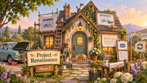 Whimsical illustration of The Haus Of Legends as a cozy house under renovation, with ladders, tools, website symbols, and a vintage car representing Project Renaissance Phase I.