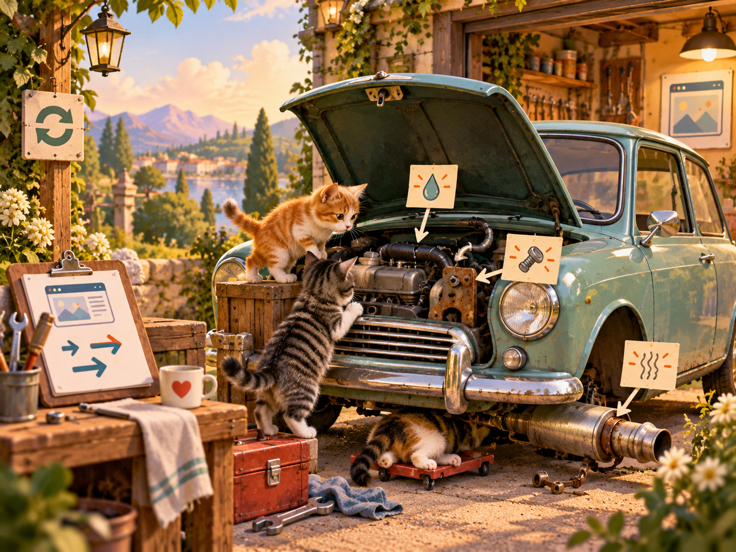 Whimsical illustration of a vintage car under repair with several issues revealed at once, using tools, arrows, and website-themed notes to represent how fixing one problem can uncover others.