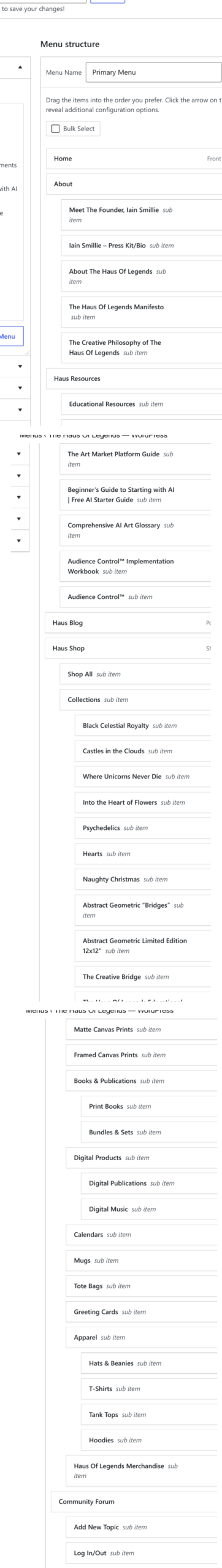 The old WordPress Primary Menu showing the long navigation structure before Project Renaissance Phase II.