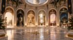 A grand architectural hall with six illuminated entrances representing The Haus, Art, Shop, Learn, Journal, and Community.
