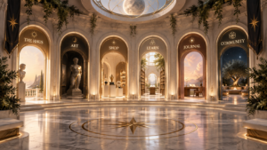 A grand architectural hall with six illuminated entrances representing The Haus, Art, Shop, Learn, Journal, and Community.
