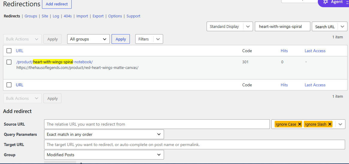 WordPress Redirection screen showing a working 301 redirect created during the Phase III catalog retirement process.