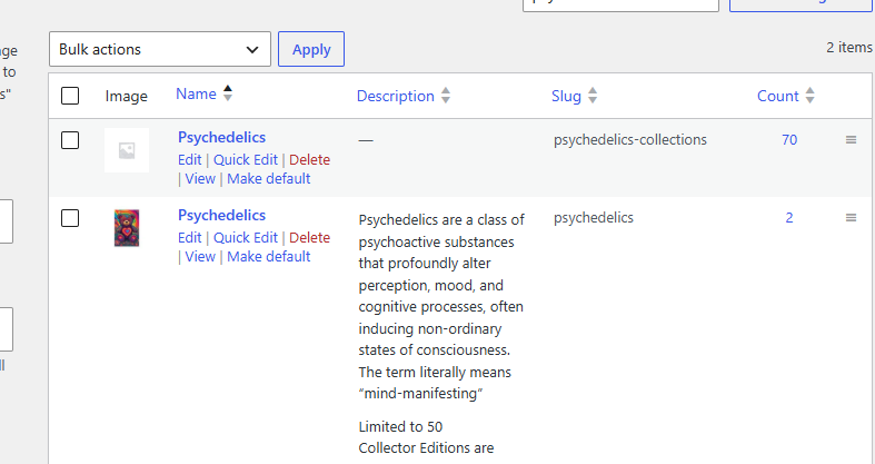 WooCommerce category list showing two separate Psychedelics categories discovered during the Phase III catalog cleanup.