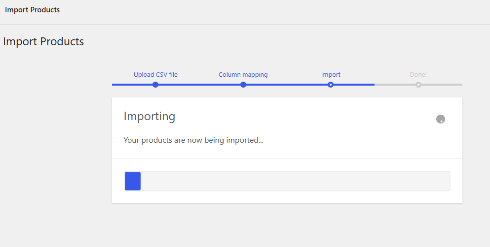 WooCommerce product import progressing during the Phase III catalog cleanup after the import process was adjusted.