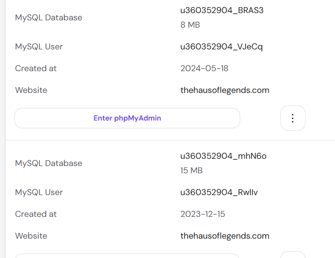 WordPress and database administration screen from the early Project Renaissance troubleshooting process.