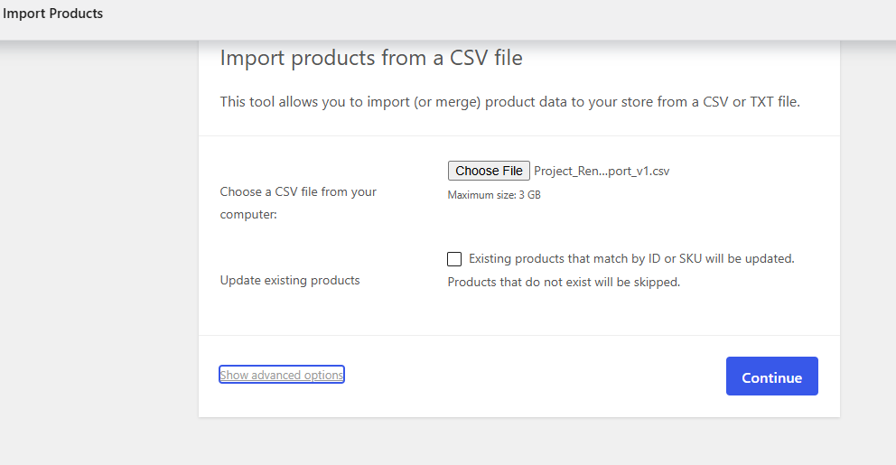 WooCommerce product CSV import screen used during Project Renaissance catalog cleanup.