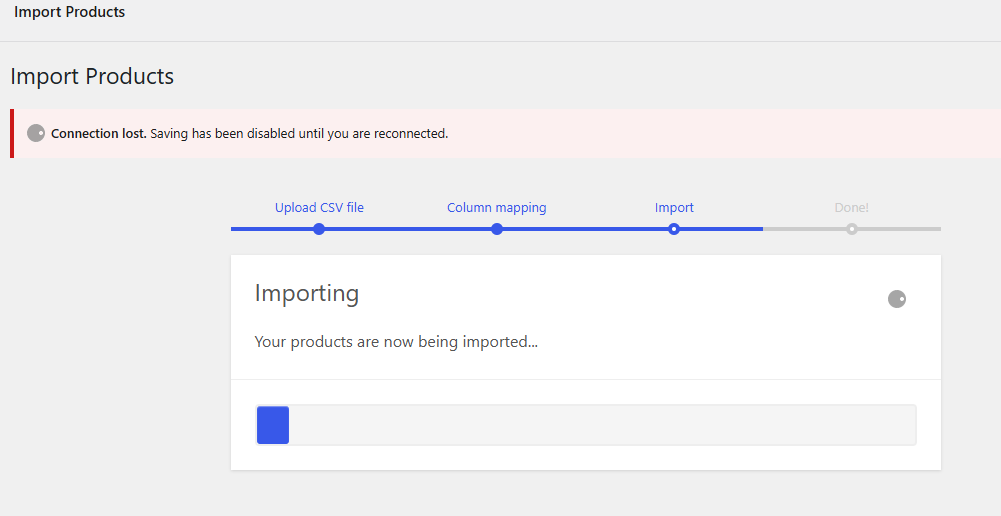 WooCommerce import screen showing a connection lost warning during Project Renaissance catalog work.