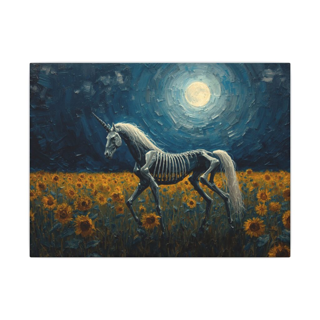 Skeleton unicorn in sunflower field canvas artwork