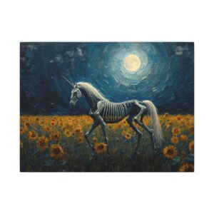 Skeleton unicorn in sunflower field canvas artwork