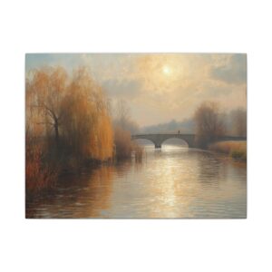 Sunlit river bridge autumn landscape canvas artwork