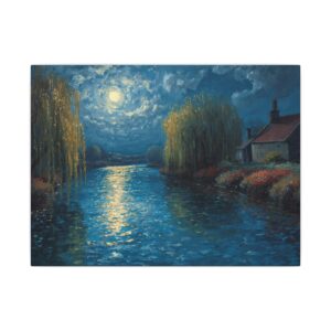Moonlit cottage river landscape canvas artwork