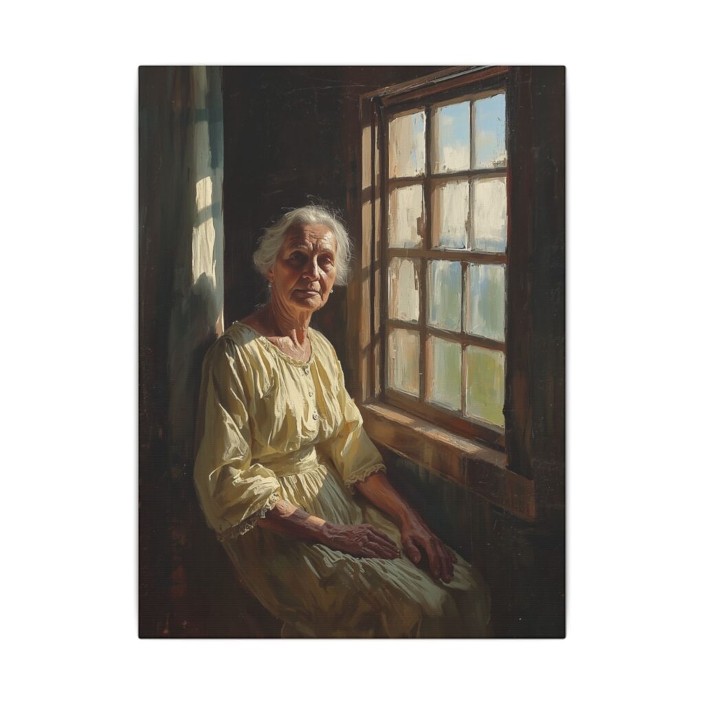 Elderly woman by window vertical canvas artwork