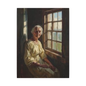 Elderly woman by window vertical canvas artwork