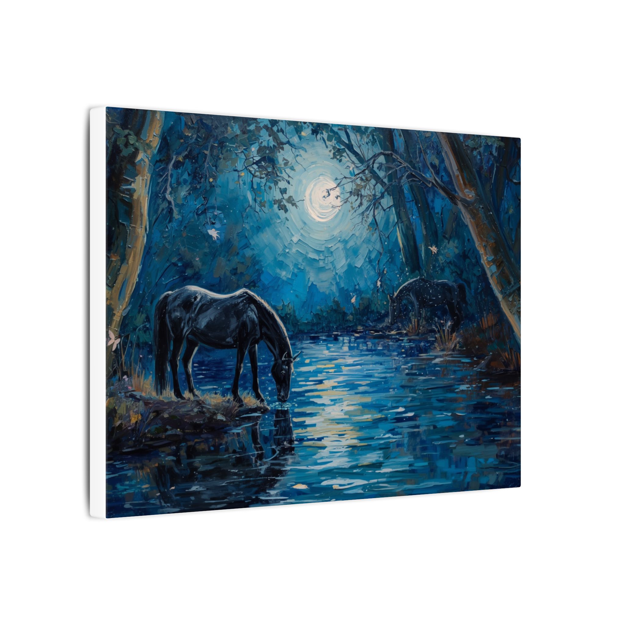 Impressionist, Moonlit Horse by the River, Matte Canvas 12x9" - Image 2