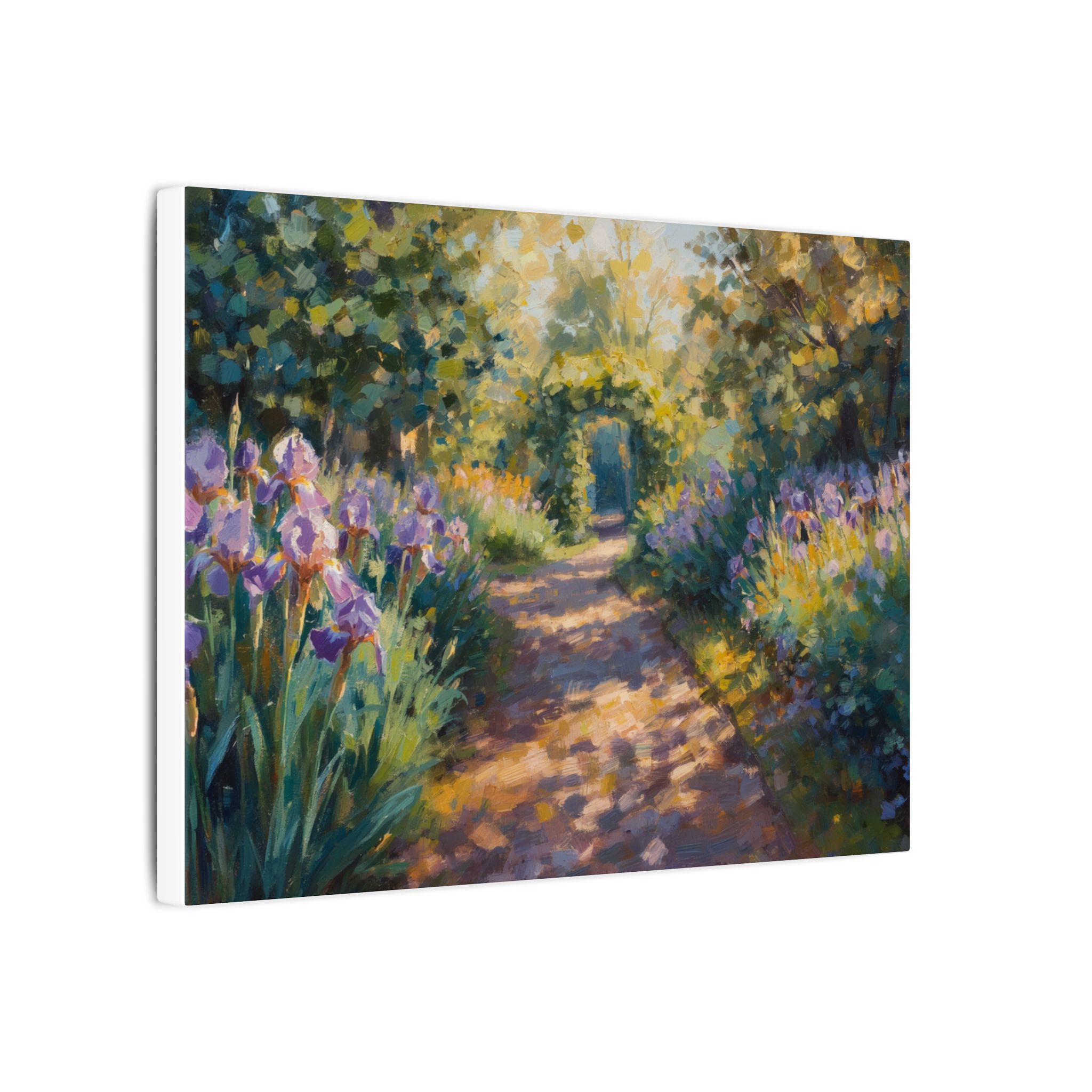 Impressionist irises and garden path on matte canvas