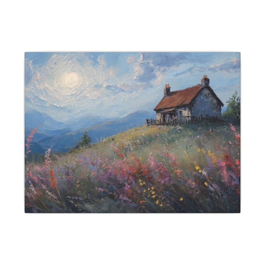 Mountain cottage wildflower meadow canvas artwork