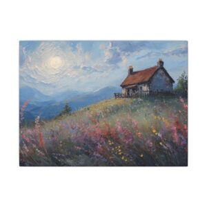 Mountain cottage wildflower meadow canvas artwork