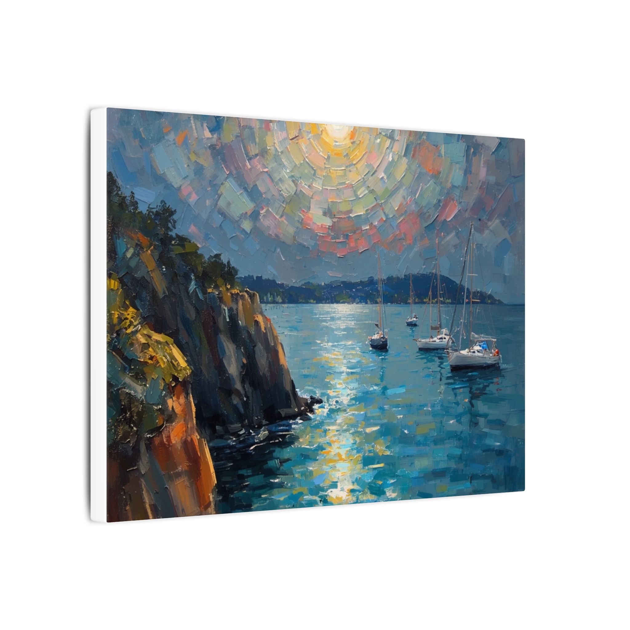 Coastal harbor at dusk on stretched matte canvas