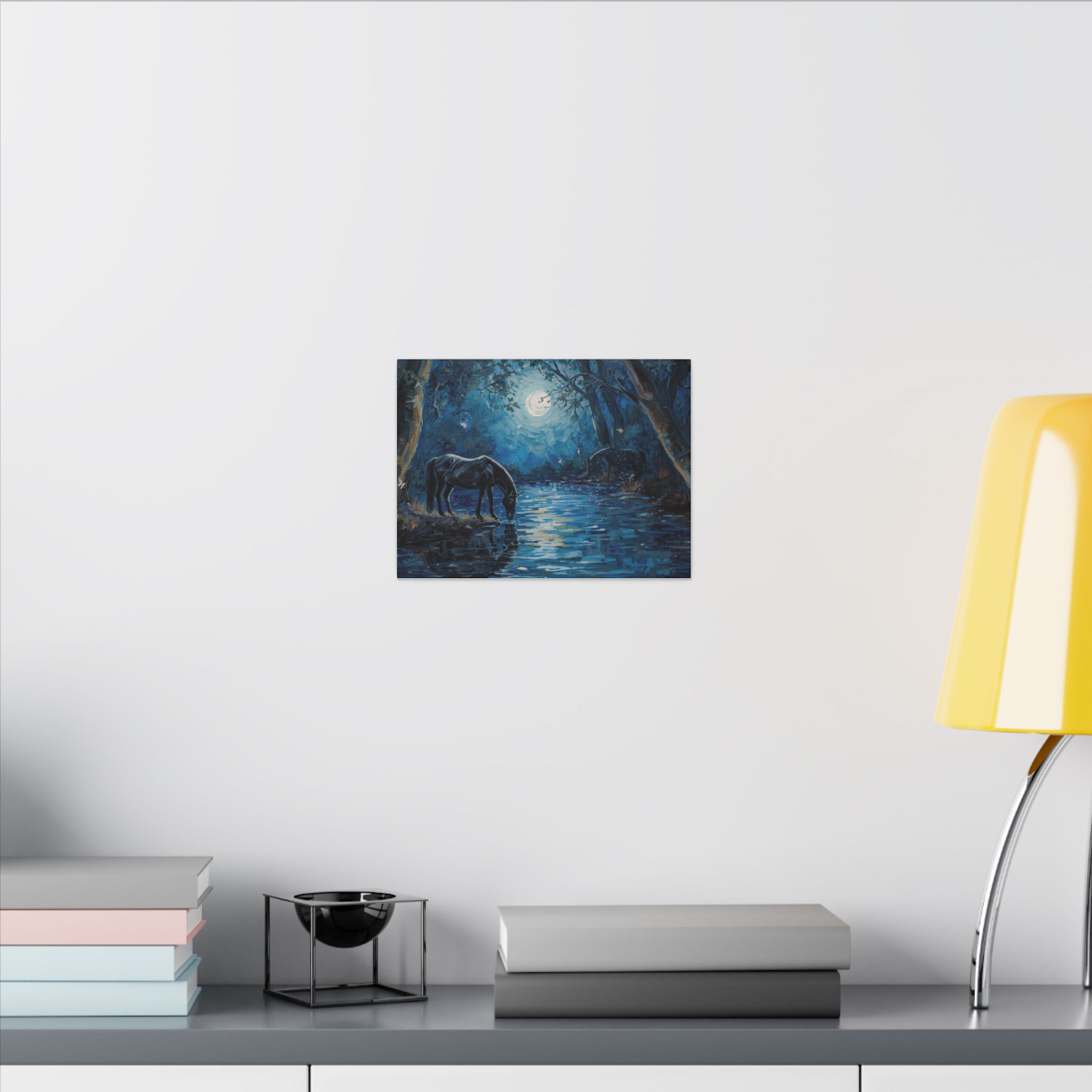 Impressionist, Moonlit Horse by the River, Matte Canvas 12x9" - Image 4
