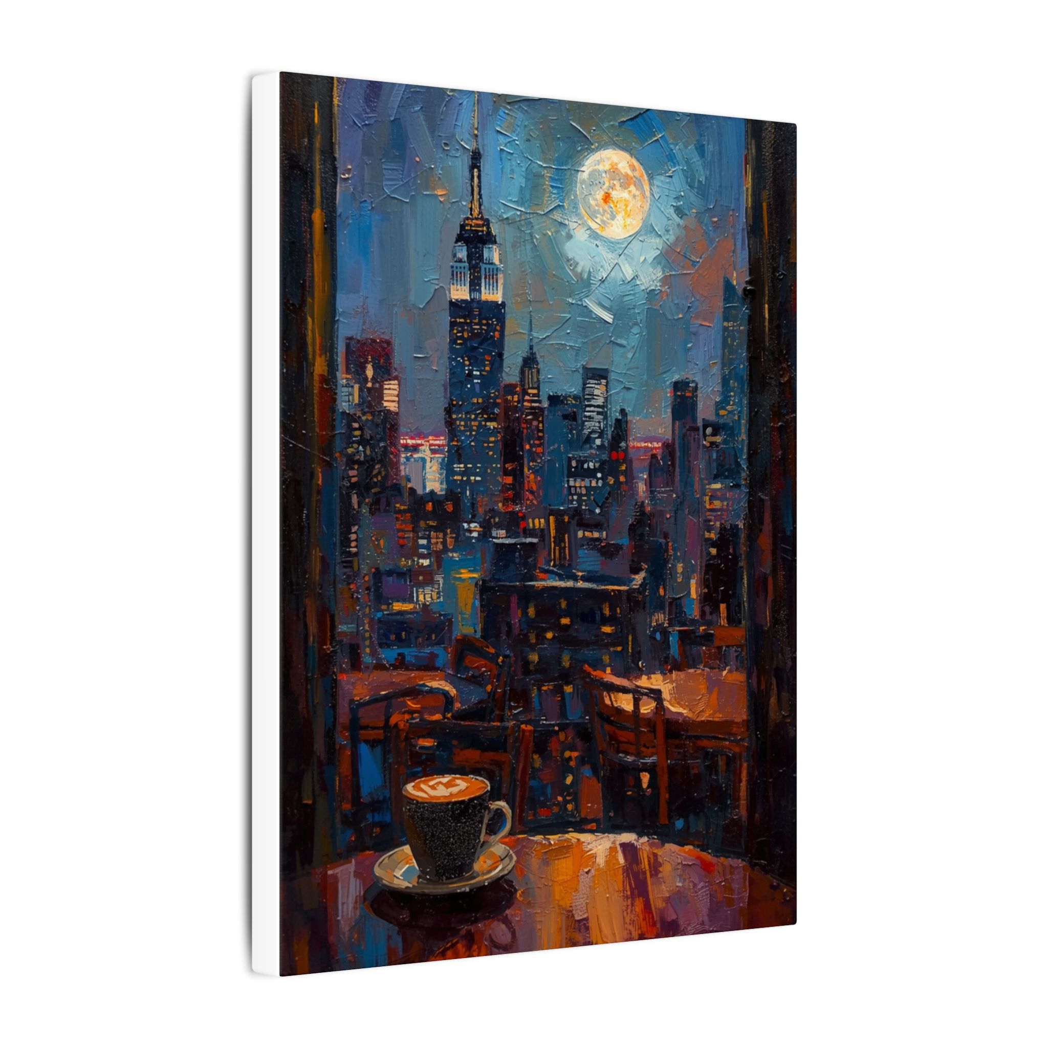 Impressionist rooftop cafe at night on matte canvas