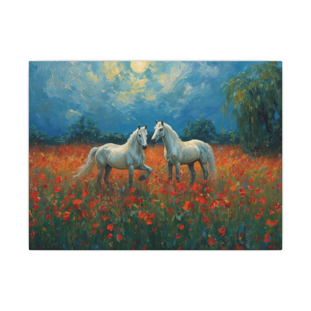 Impressionist, White Horses in Poppy Field, Matte Canvas 12x9"