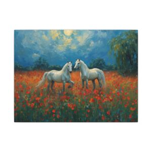 Impressionist, White Horses in Poppy Field, Matte Canvas 12x9"