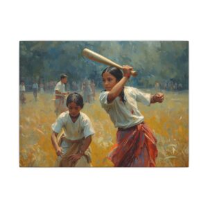 Vintage girls baseball game canvas artwork