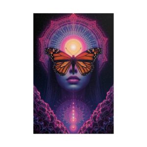 Psychedelic monarch butterfly rolled poster with visionary woman and spiritual wall art
