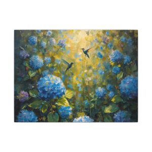 Hummingbirds and blue hydrangeas canvas artwork