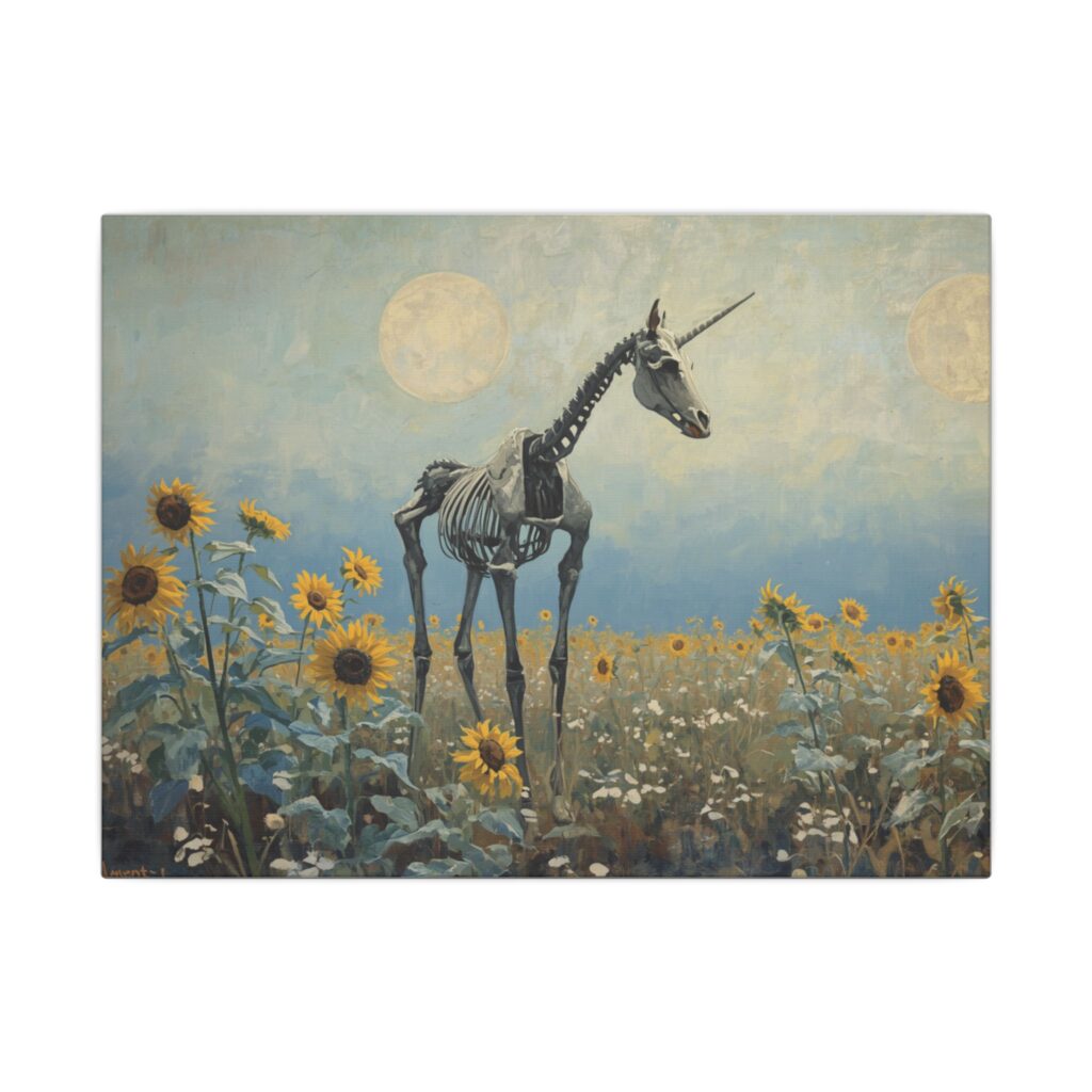 Impressionist, Skeleton Unicorn in Sunflower Field, Matte Canvas 12x9"