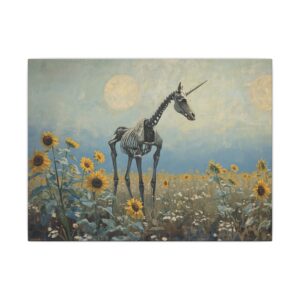 Impressionist, Skeleton Unicorn in Sunflower Field, Matte Canvas 12x9"
