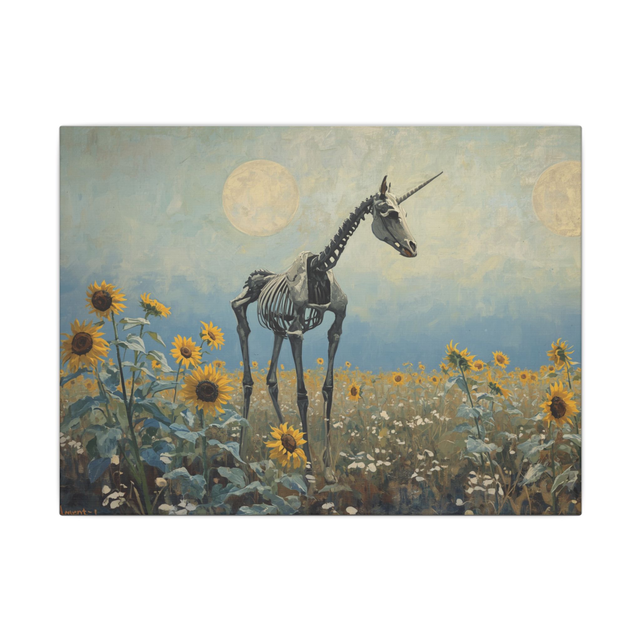 Impressionist, Skeleton Unicorn in Sunflower Field, Matte Canvas 12x9"
