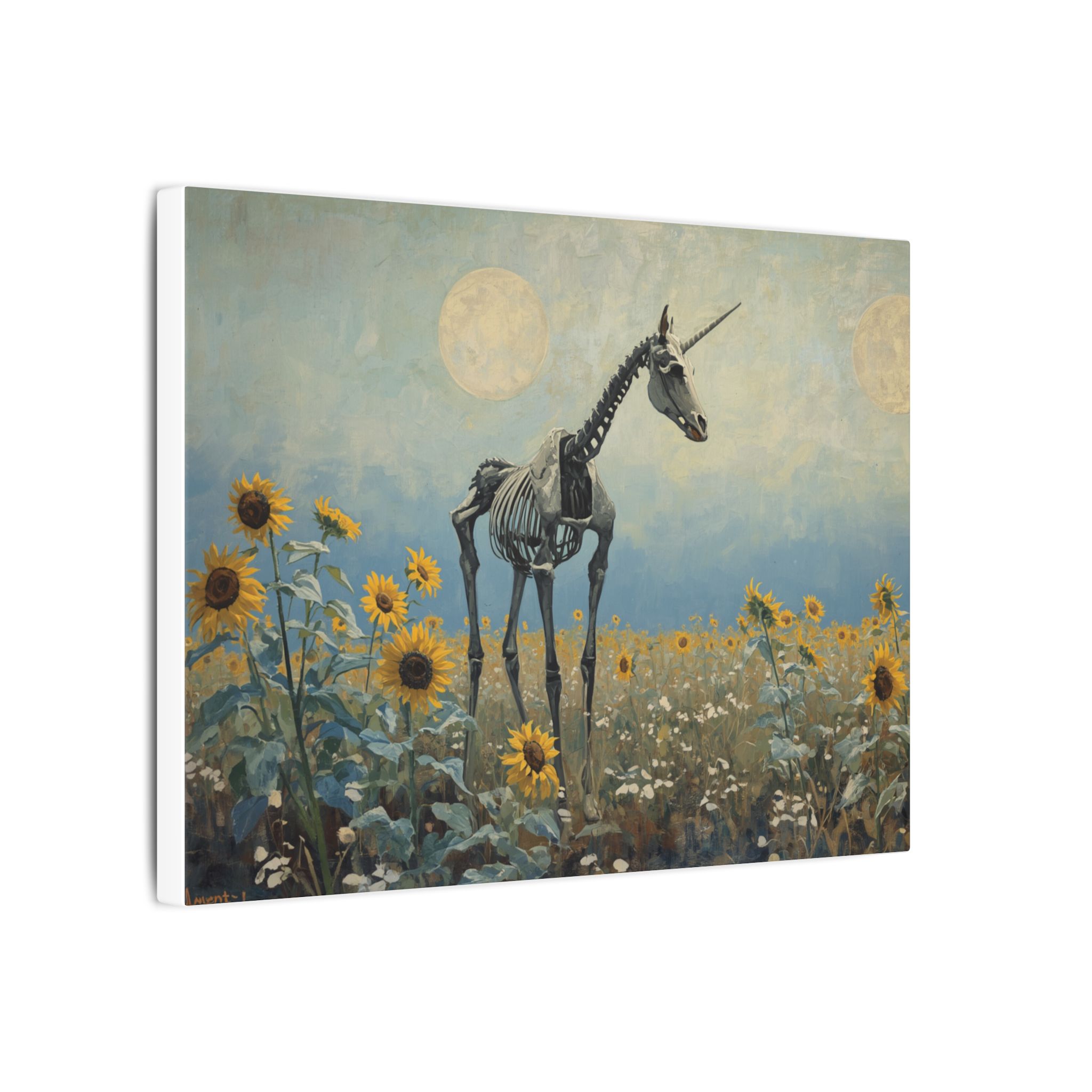 Impressionist, Skeleton Unicorn in Sunflower Field, Matte Canvas 12x9" - Image 2