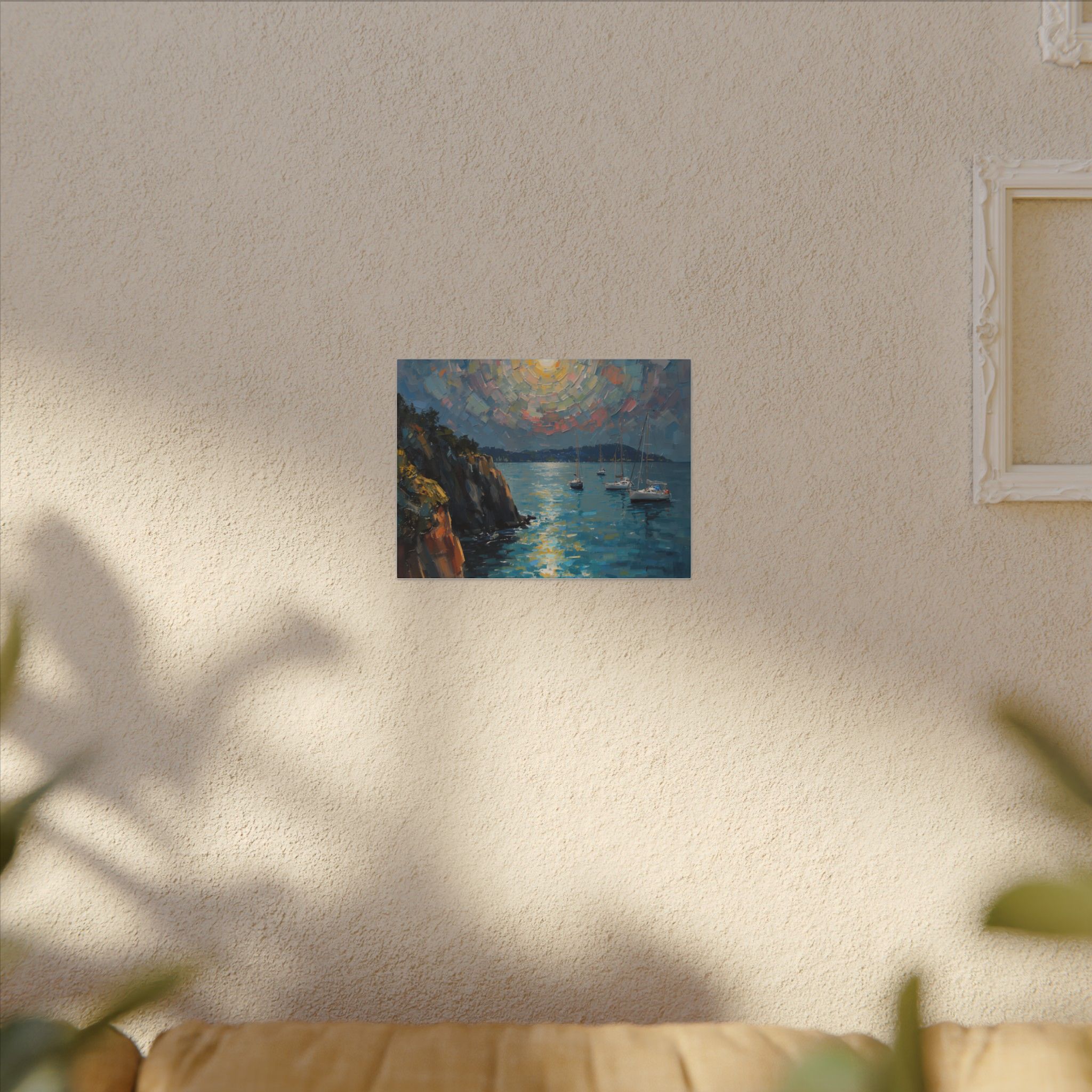 Painterly harbor sunset wall art with ocean reflections