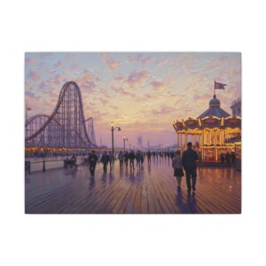 Sunset boardwalk roller coaster and carousel canvas artwork