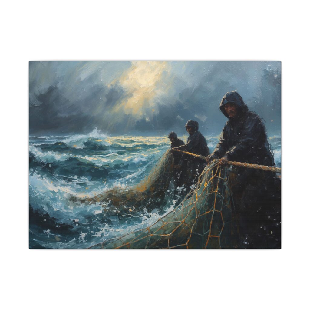 Impressionist, Stormy Sea Fishermen, Matte Canvas 12x9"