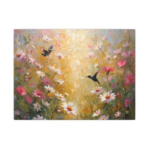 Hummingbirds in floral meadow canvas artwork