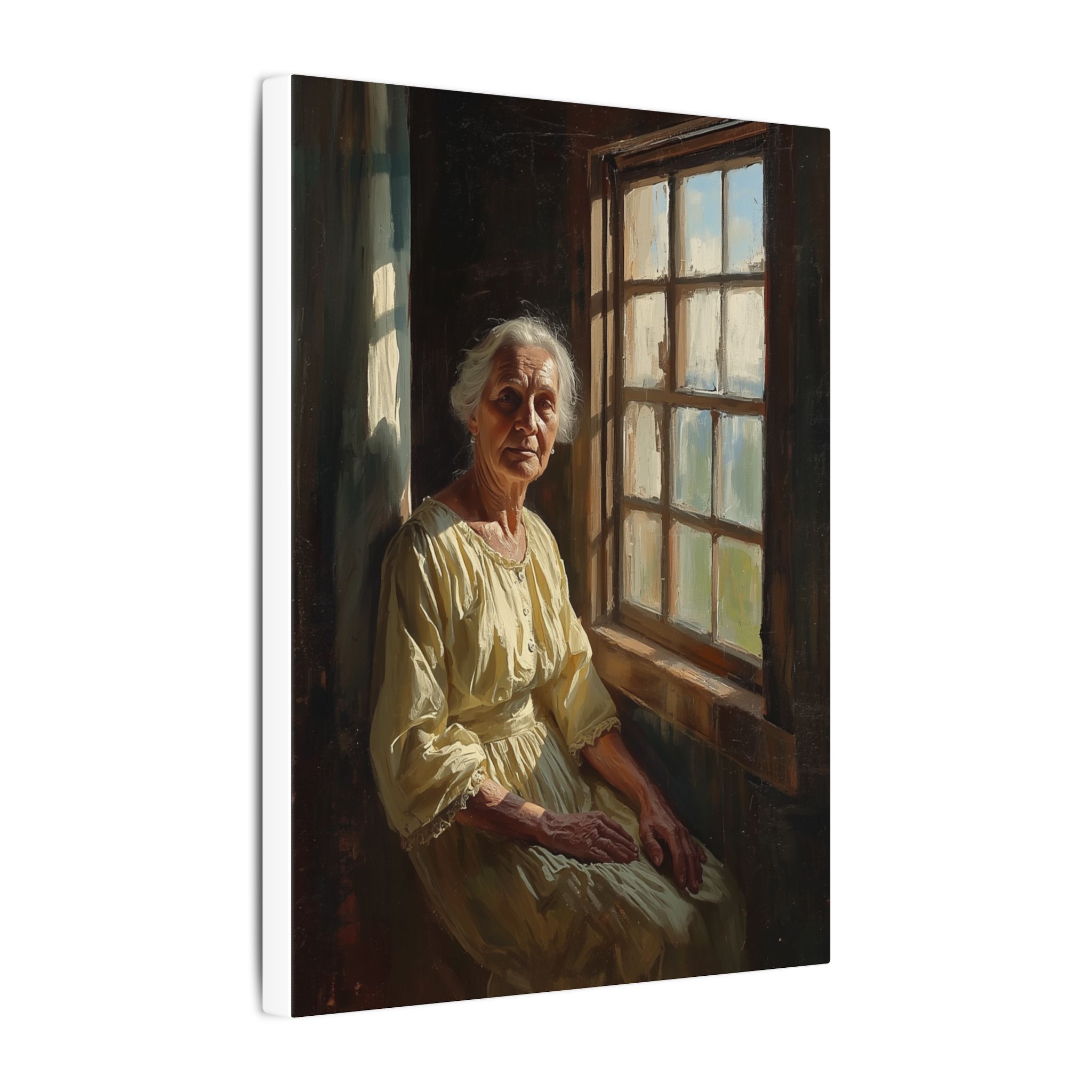 Impressionist elderly woman portrait on matte canvas