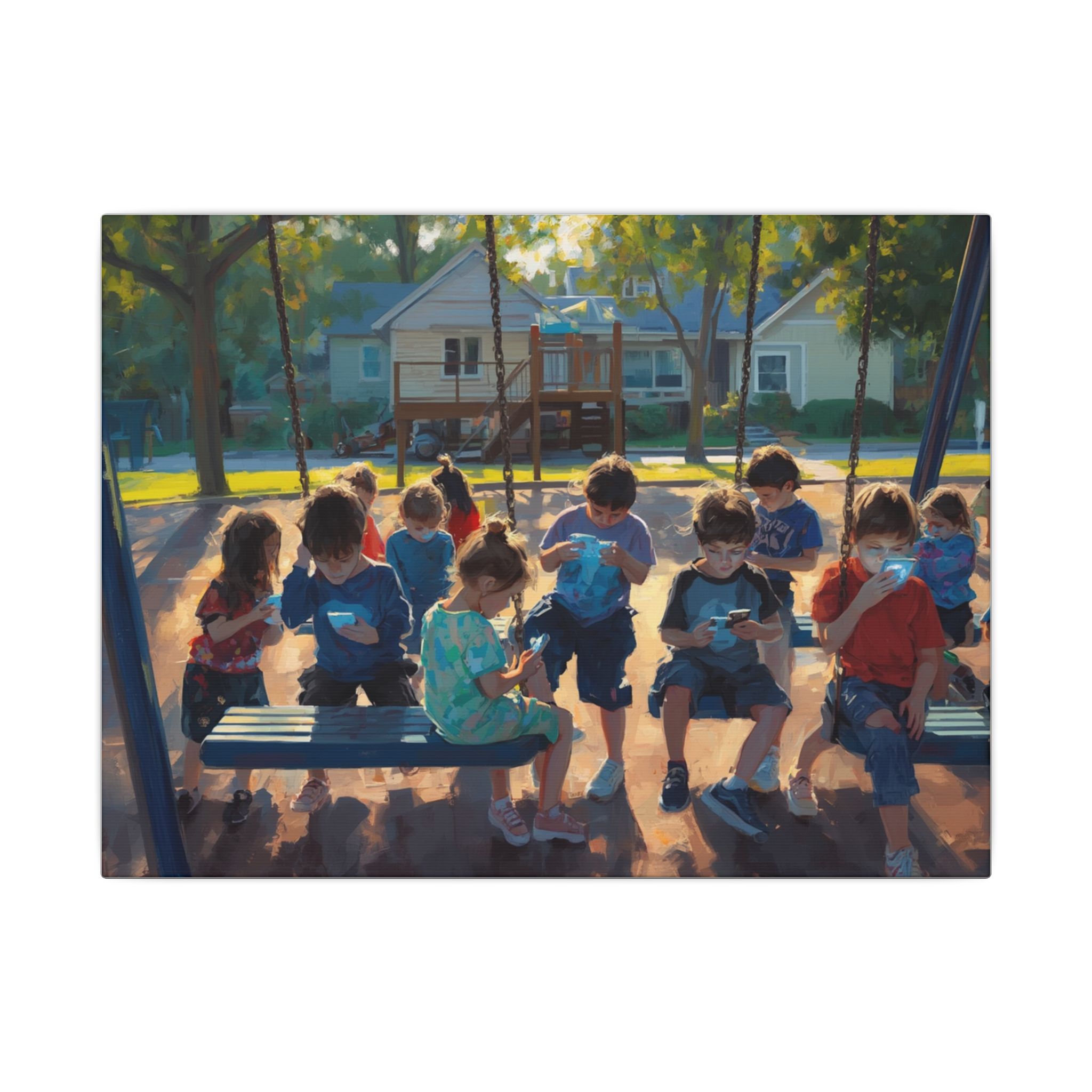Children on playground bench canvas artwork