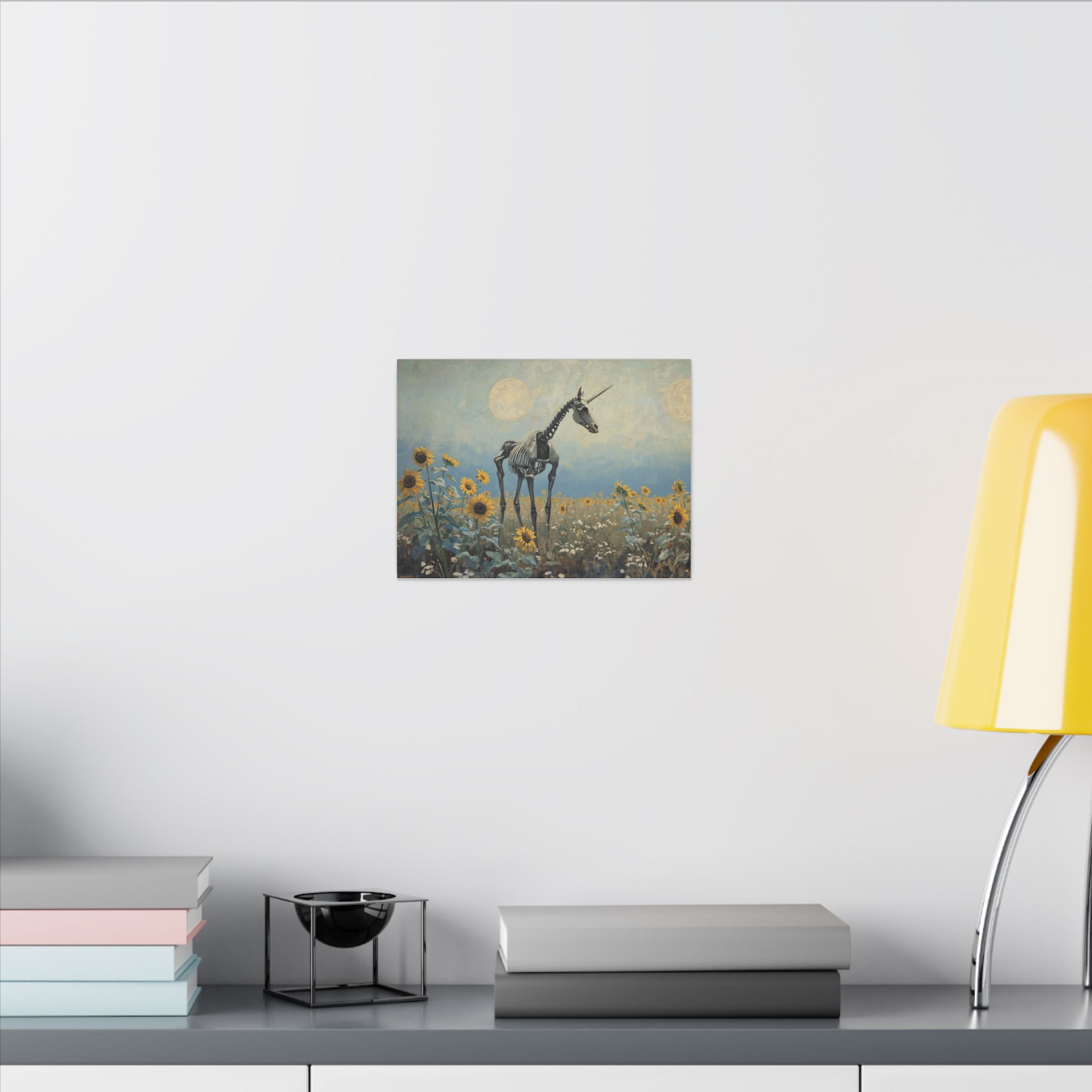 Impressionist, Skeleton Unicorn in Sunflower Field, Matte Canvas 12x9" - Image 4