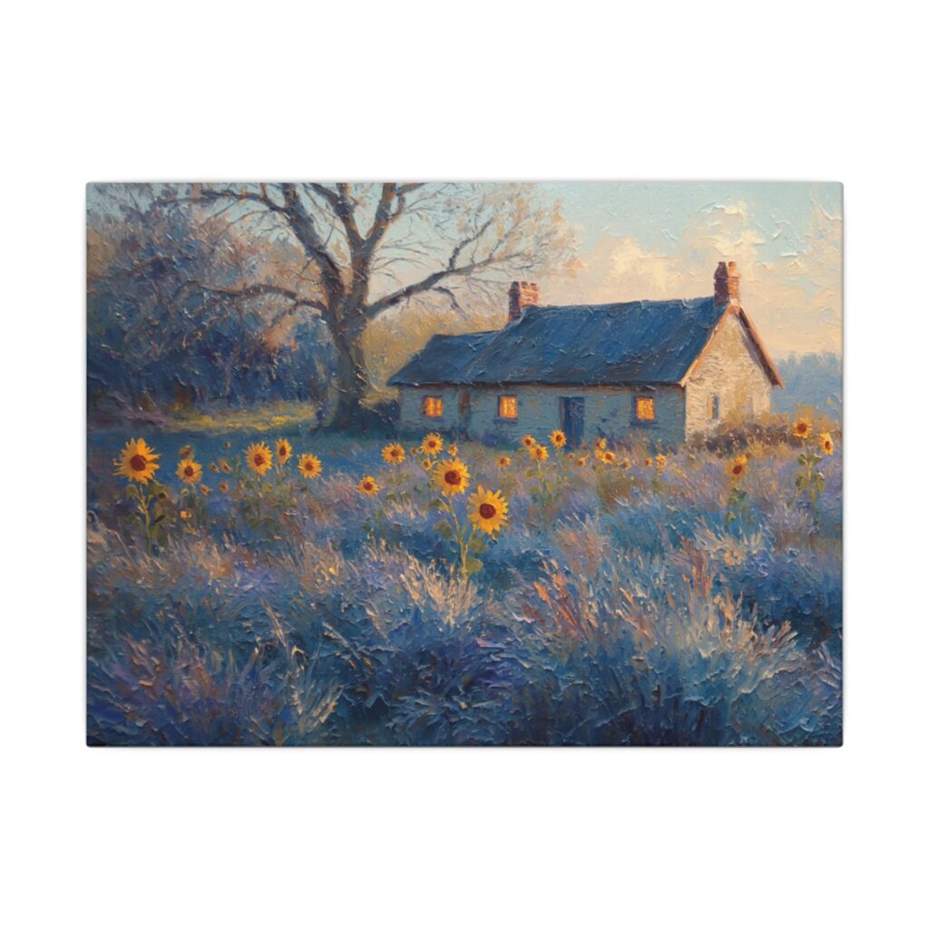 Sunflower cottage at dusk canvas artwork